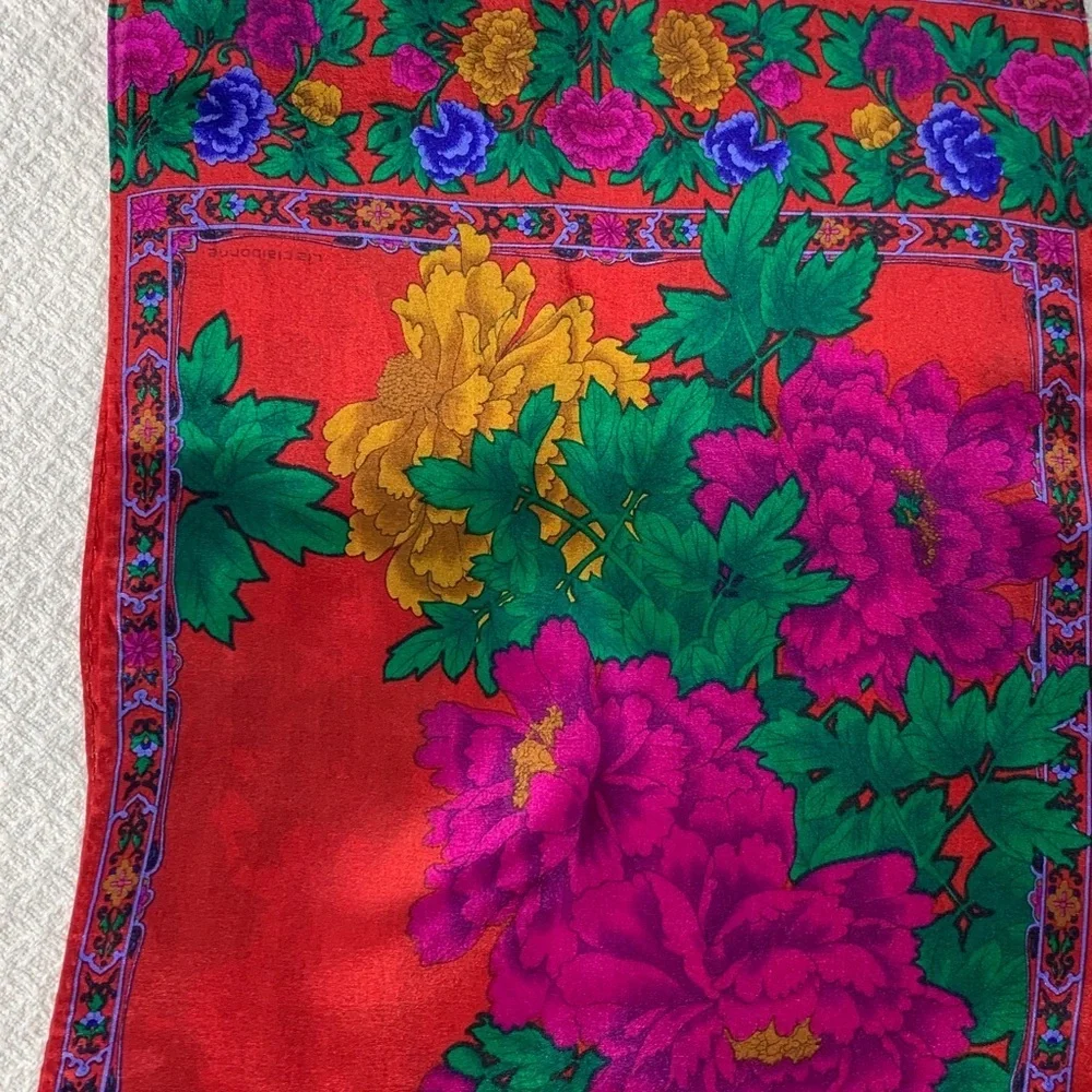 Vintage floral silk scarf red, blue, green, pink